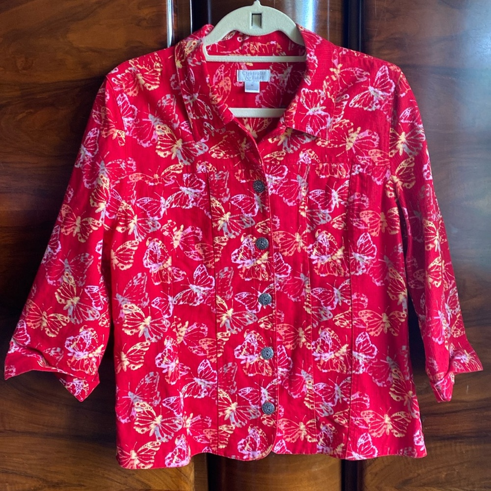 Christopher Banks NWOT Size Medium Jacket, Red w Beautiful Butterfly Print